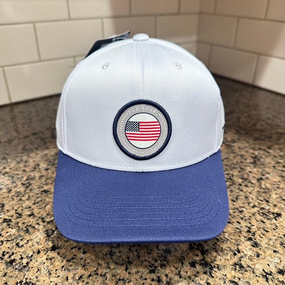 PGA TOUR PROSERIES Hat Adjustable White Navy US Flag Golf Cap New